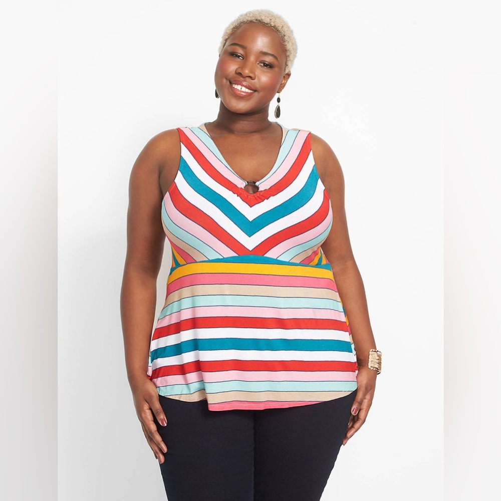 NWT Lane Bryant Multicolor Striped Sleeveless Peplum Tank V Neck w Ring Detail